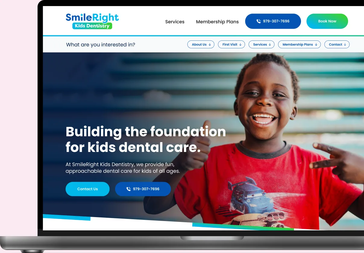 SmileRight Kids Dentistry website open on a MacBook